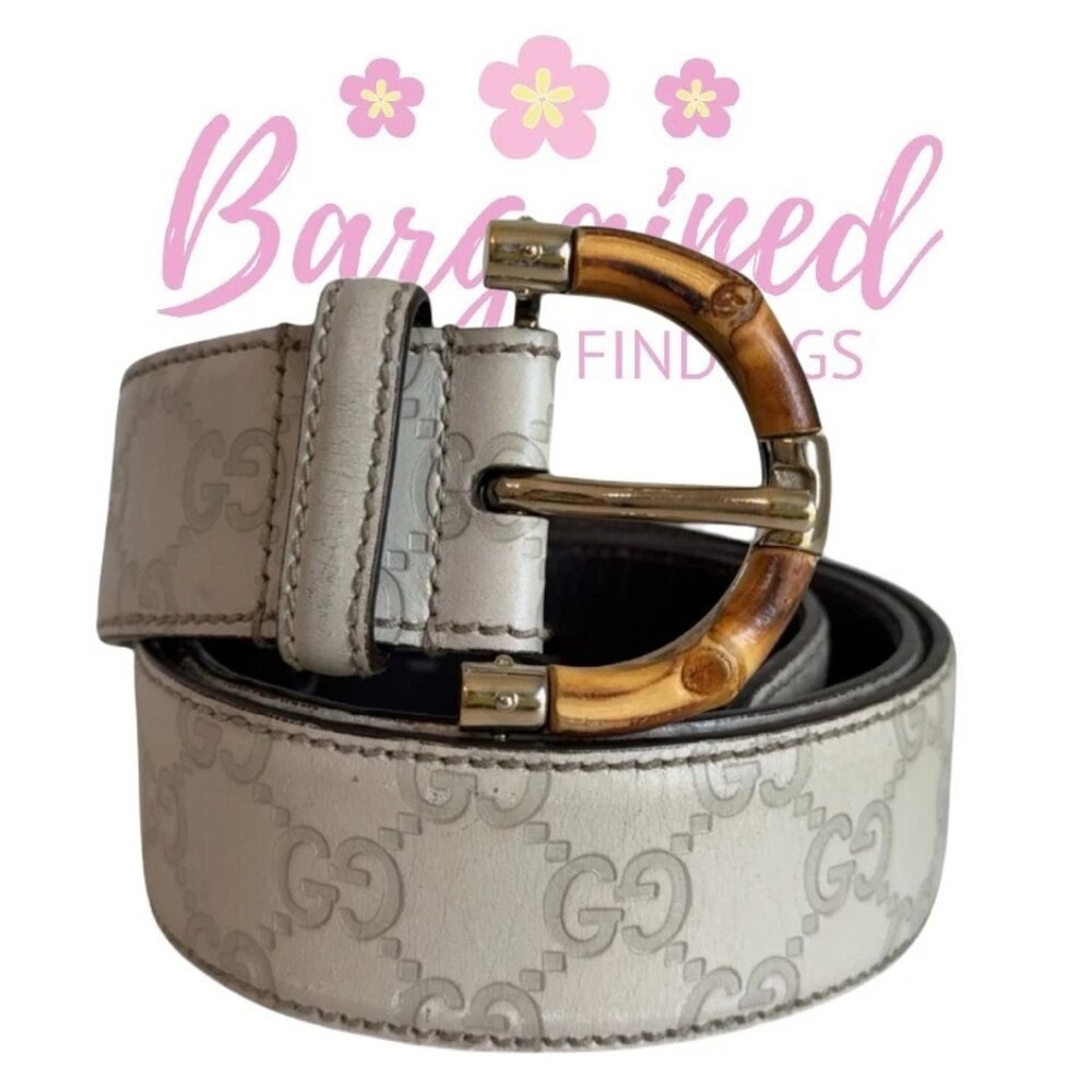 Authentic Gucci Cream Guccissima Bamboo Buckle Leather Belt 90/36